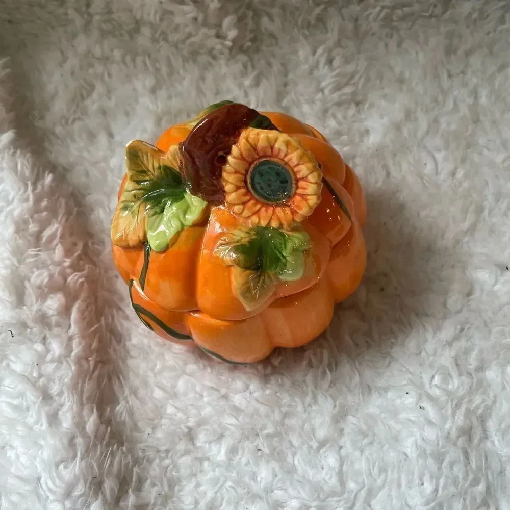 Ceramic Pumpkin Container Lidded Hand Painted Autmn Fall.Candy dish hold…